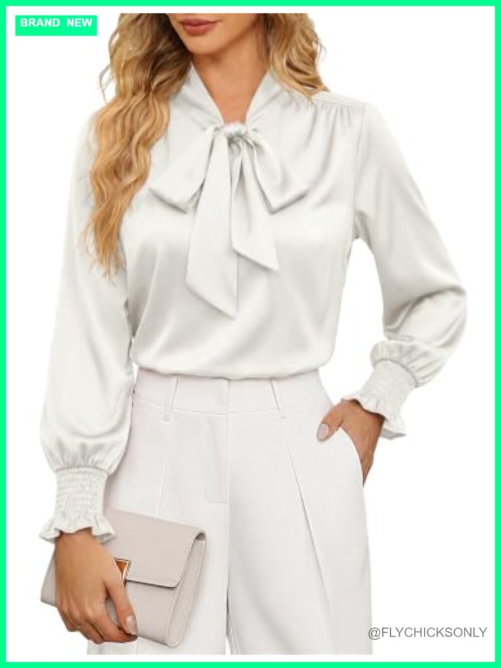 Satin Bow Tie Neck Blouse Long Sleeve Dressy Casual Top
